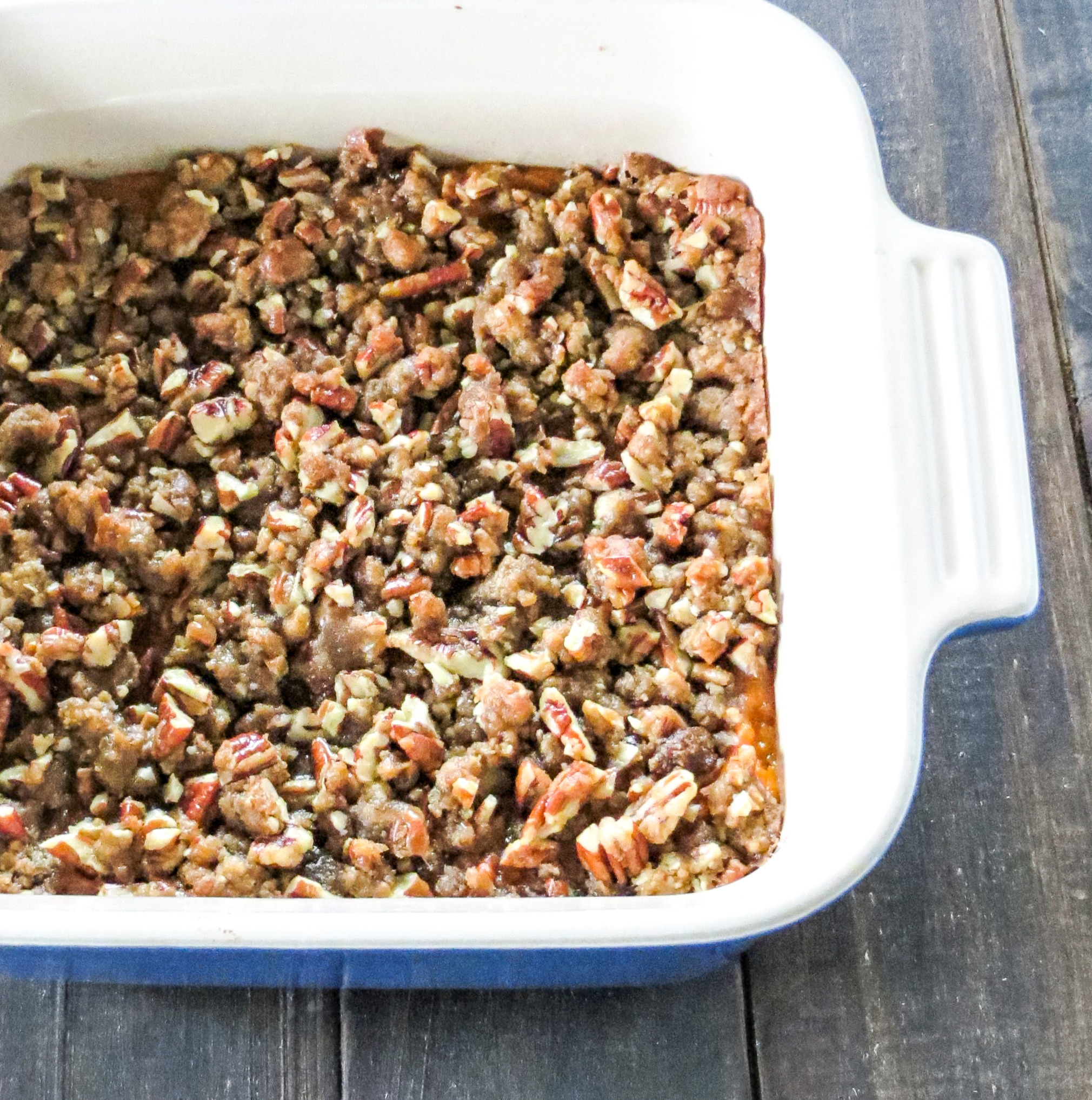 cooked casserole with pecan topping