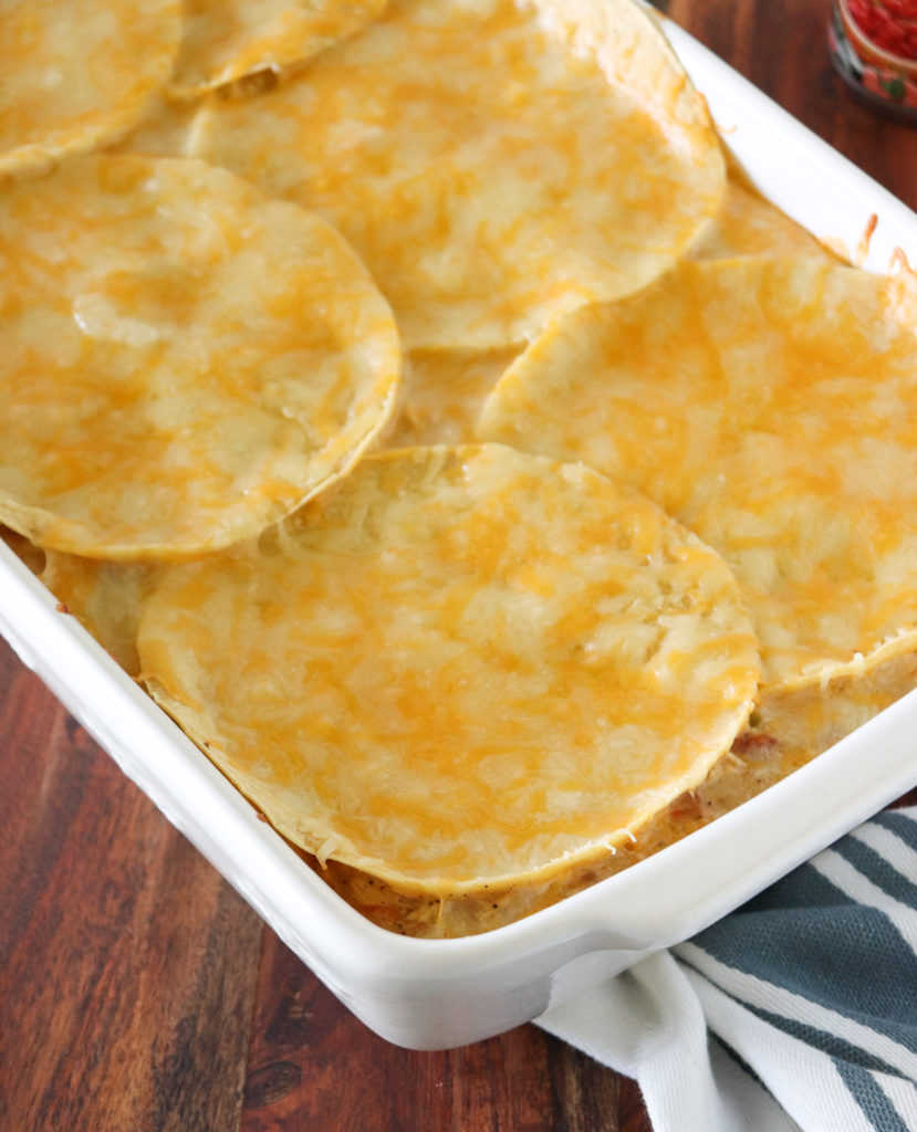 tortillas on top of baked king ranch casserole