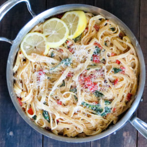 Lemon Ricotta Fettuccine with Spinach and Red Bell Peppers