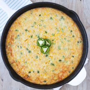 jalapeno corn casserole in cast iron skillet