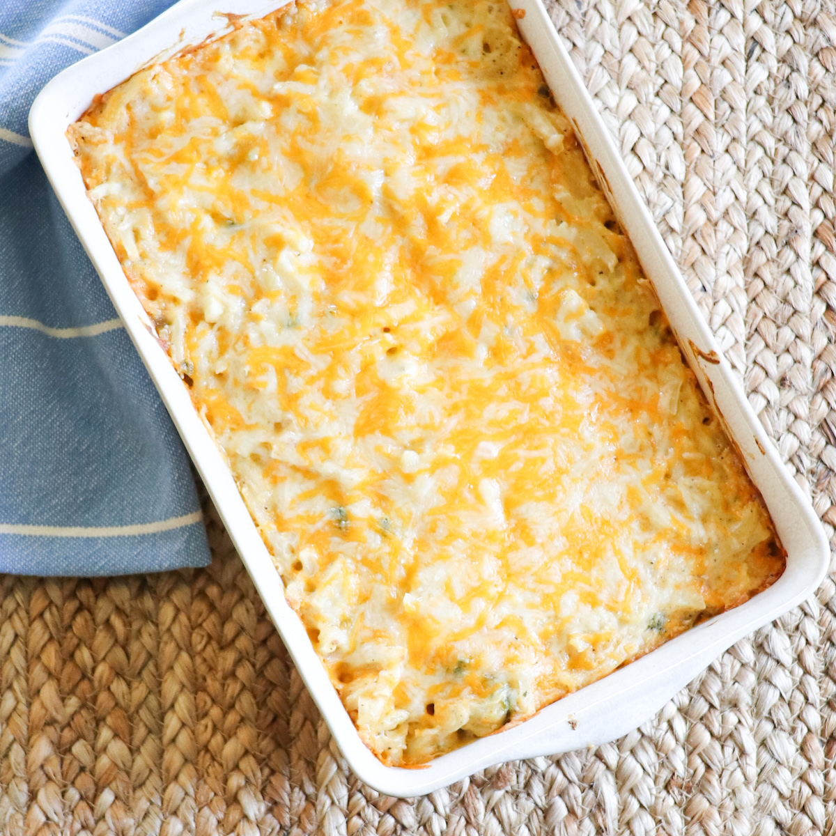 casserole dish of homemade hashbrown casserole