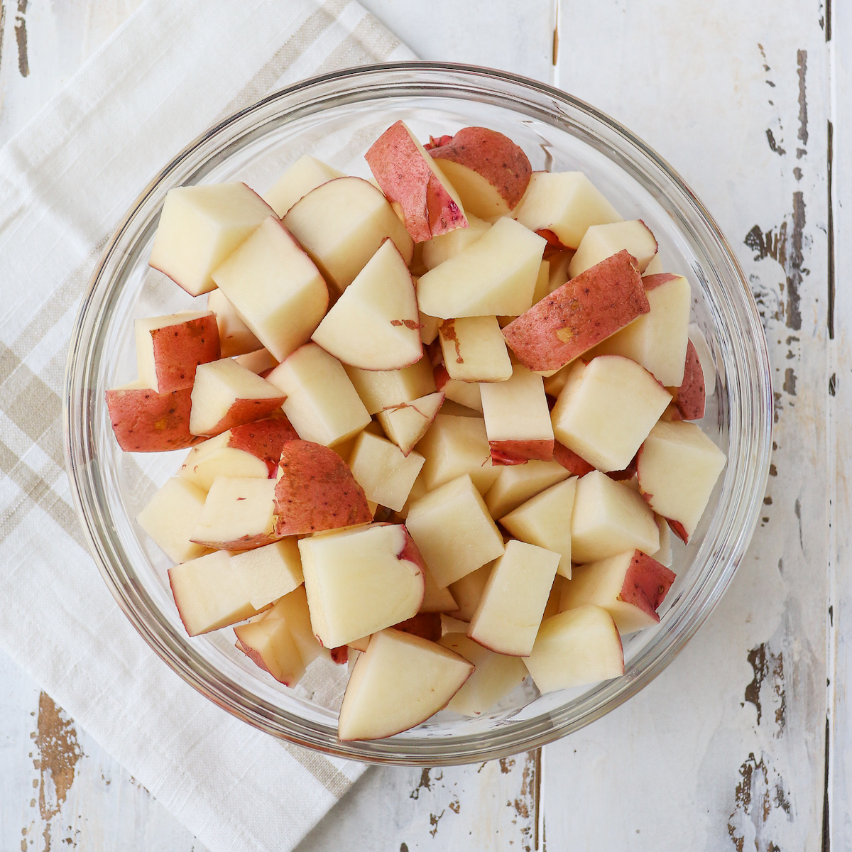 bowl of red skin potatoes cut into cubes