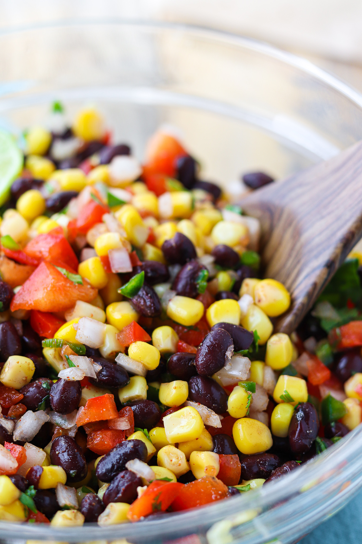 close up of corn and black bean salsa prepared in a bowl