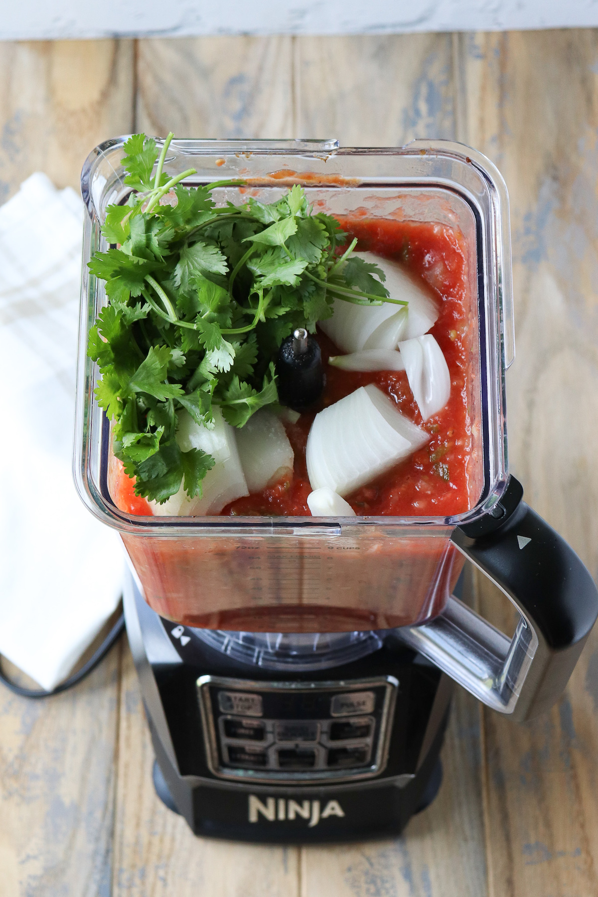 blender full of salsa and cilantro and onion