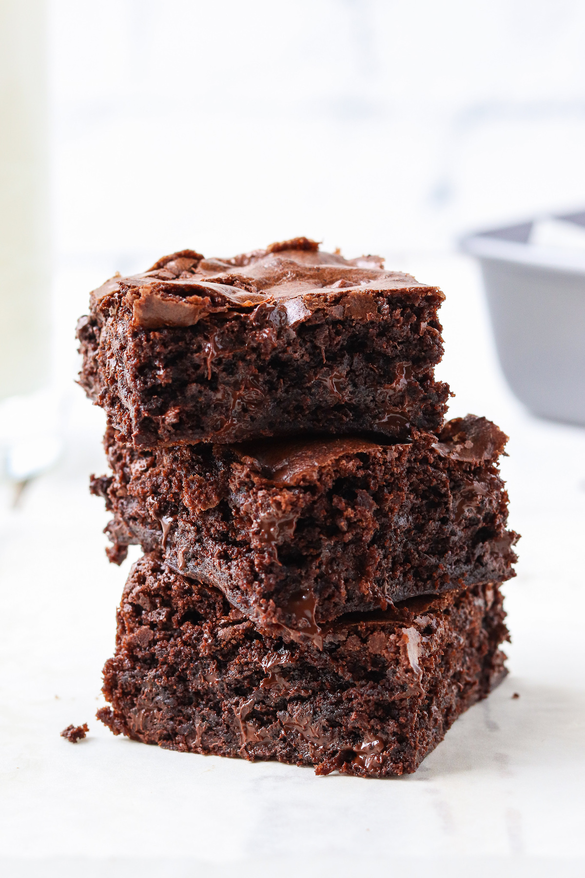 stack of cooked dark chocolate chip brownies
