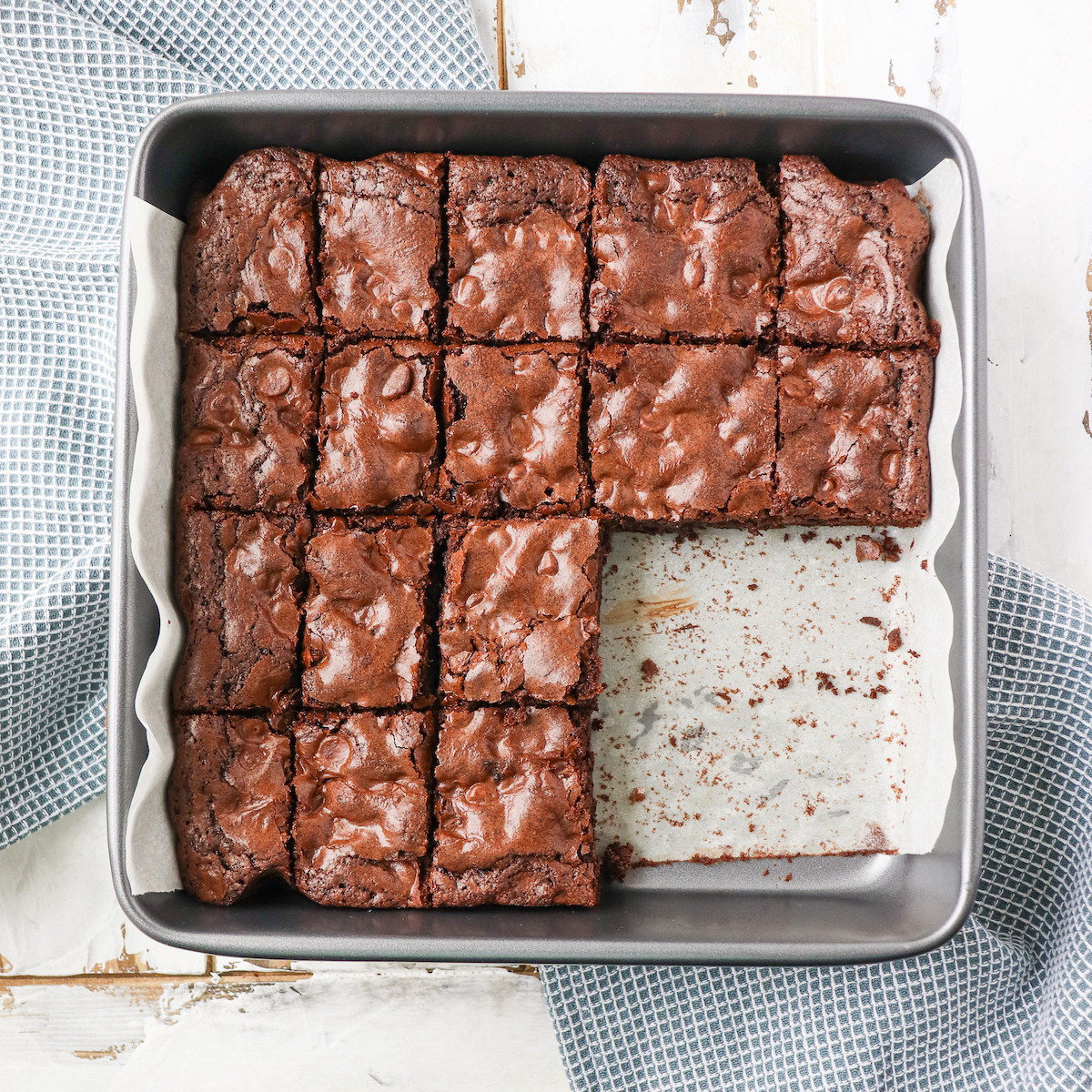 pan of cooked brownies cut into squares