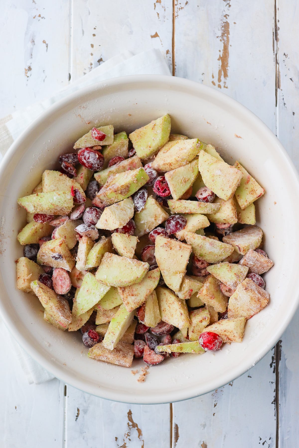 Granny Smith apples and fresh cranberries tossed with flour and cinnamon before cooking