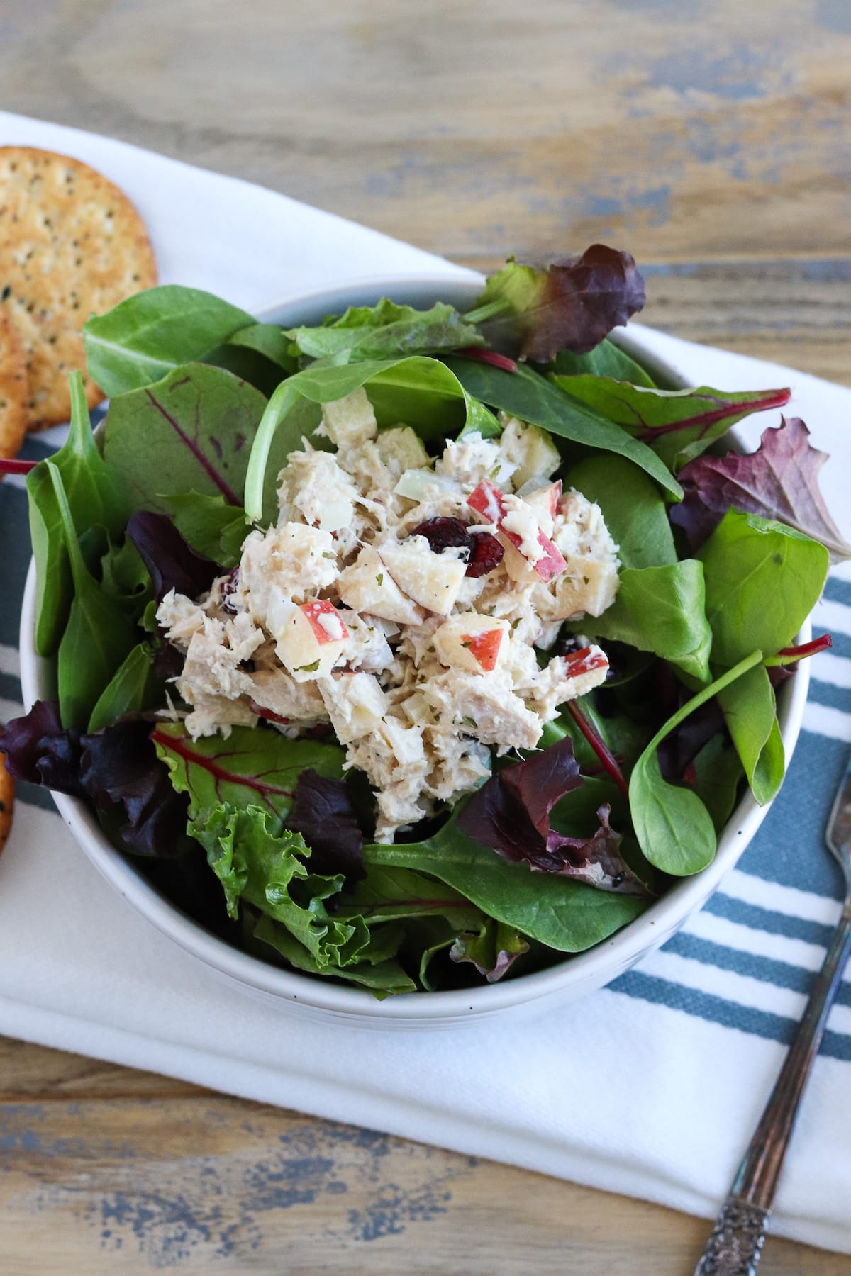 scoop of prepared tuna apple cranberry salad over spring mix with crackers