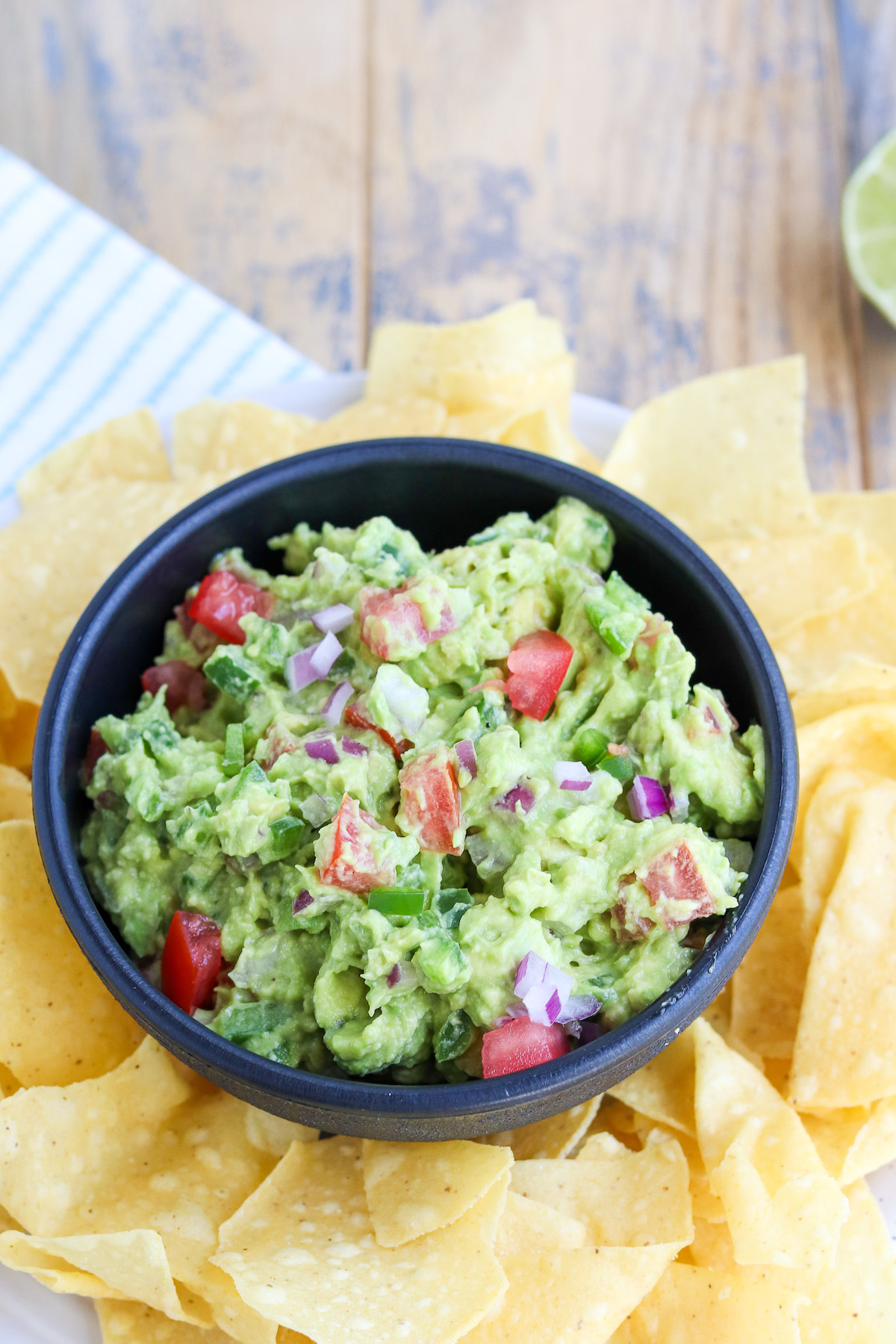 prepared avocado guacamole with tortilla chips