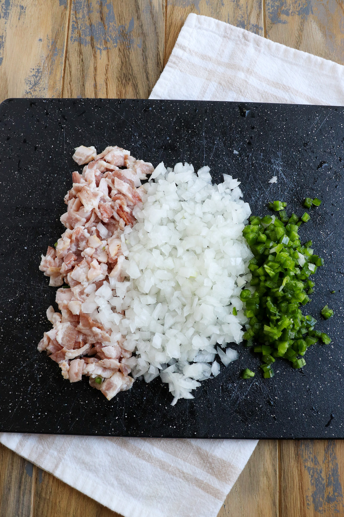 finely chopped onion, bacon and jalapeno