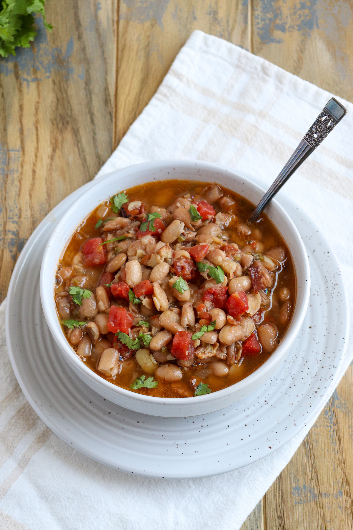 close up of cooked pinto beans showing rich broth and chunks of tomatoes