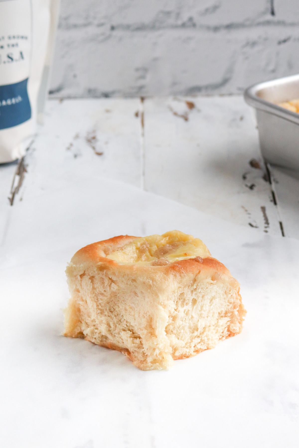 a side view of the cooked yeast dough showing 3 inches in height