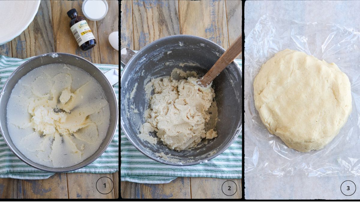 step by step picture of 1 creaming butter and sugar 2 the dough 3 shaping dough into a disc