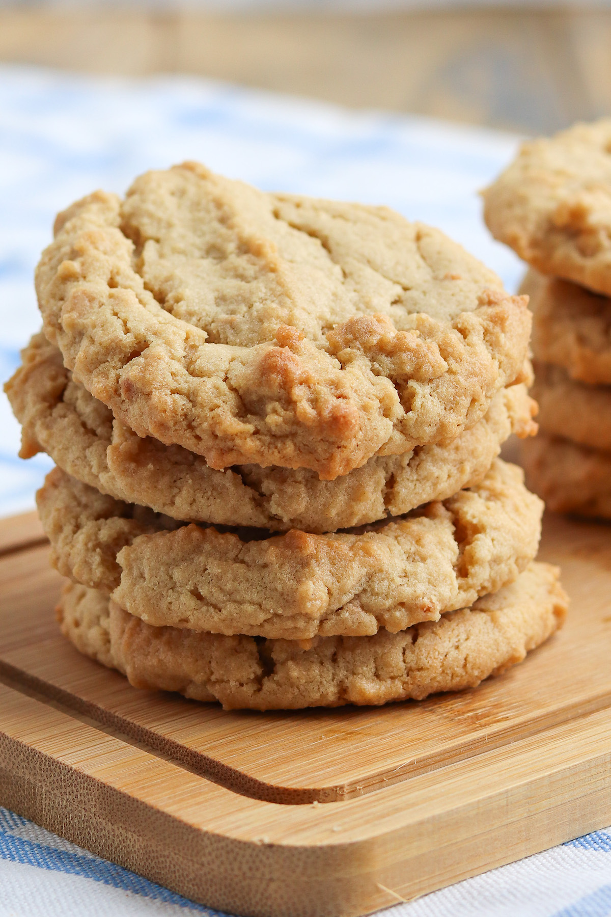 closeup of stack of peanut butter cookies with crisp edge