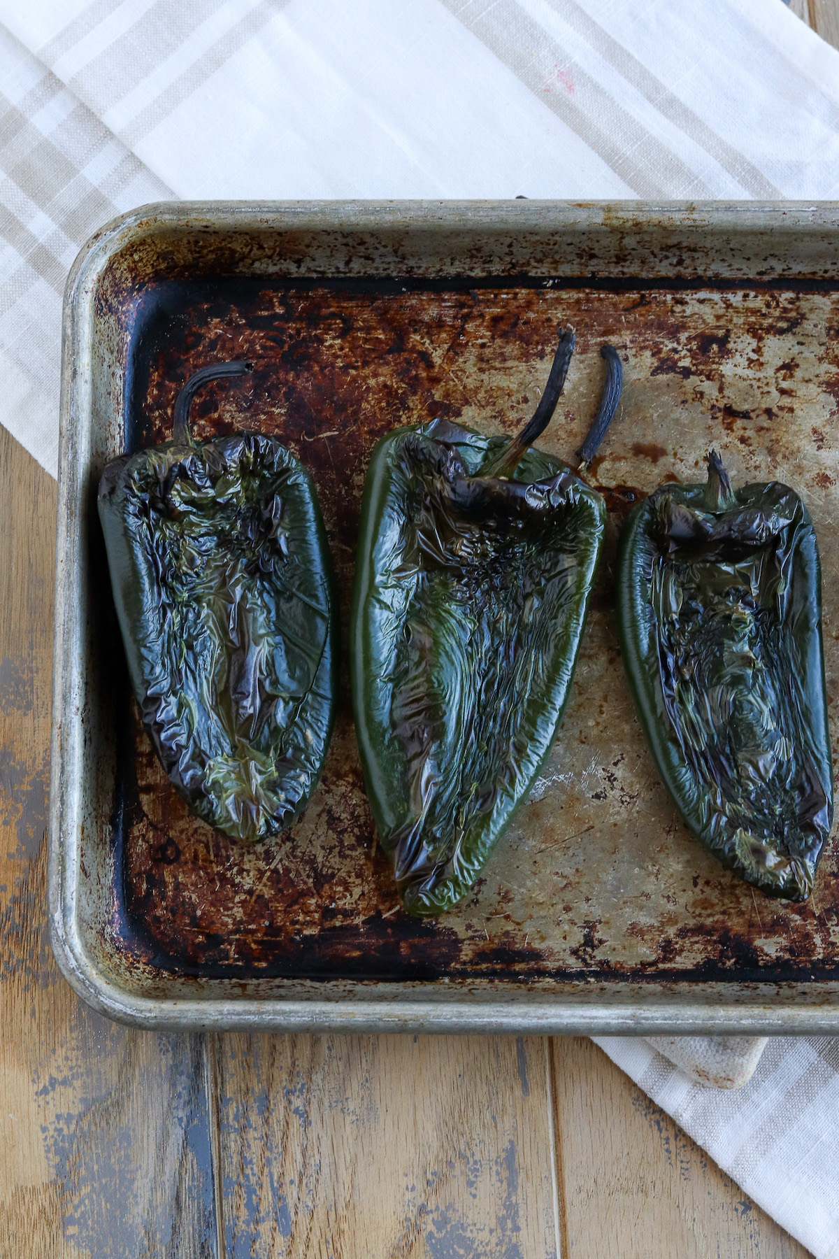 charred poblano peppers with blistered skin
