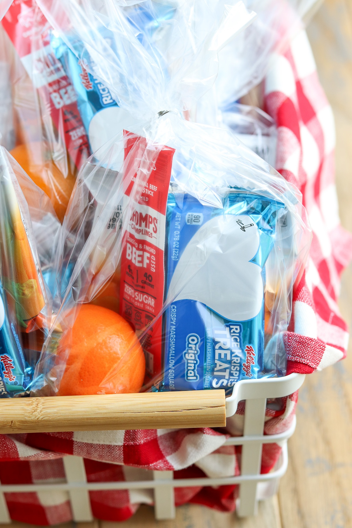 basket of team snacks in cell bags