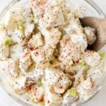 visible smoked paprika and green onions garnish prepared red potato salad