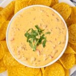 a prepared bowl of velveeta queso with visible chunks of cooked sausage, diced tomatoes, garnished with cilantro and served with tortilla chips