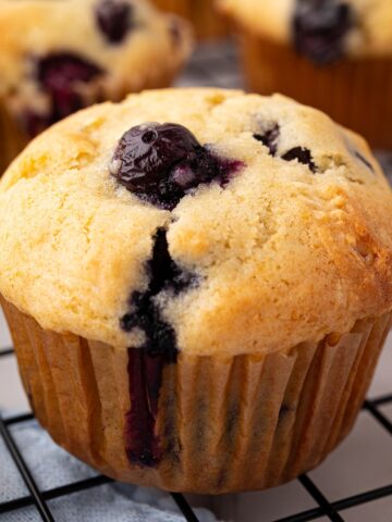 closeup of blueberry muffin with golden brown top and juicy blueberries