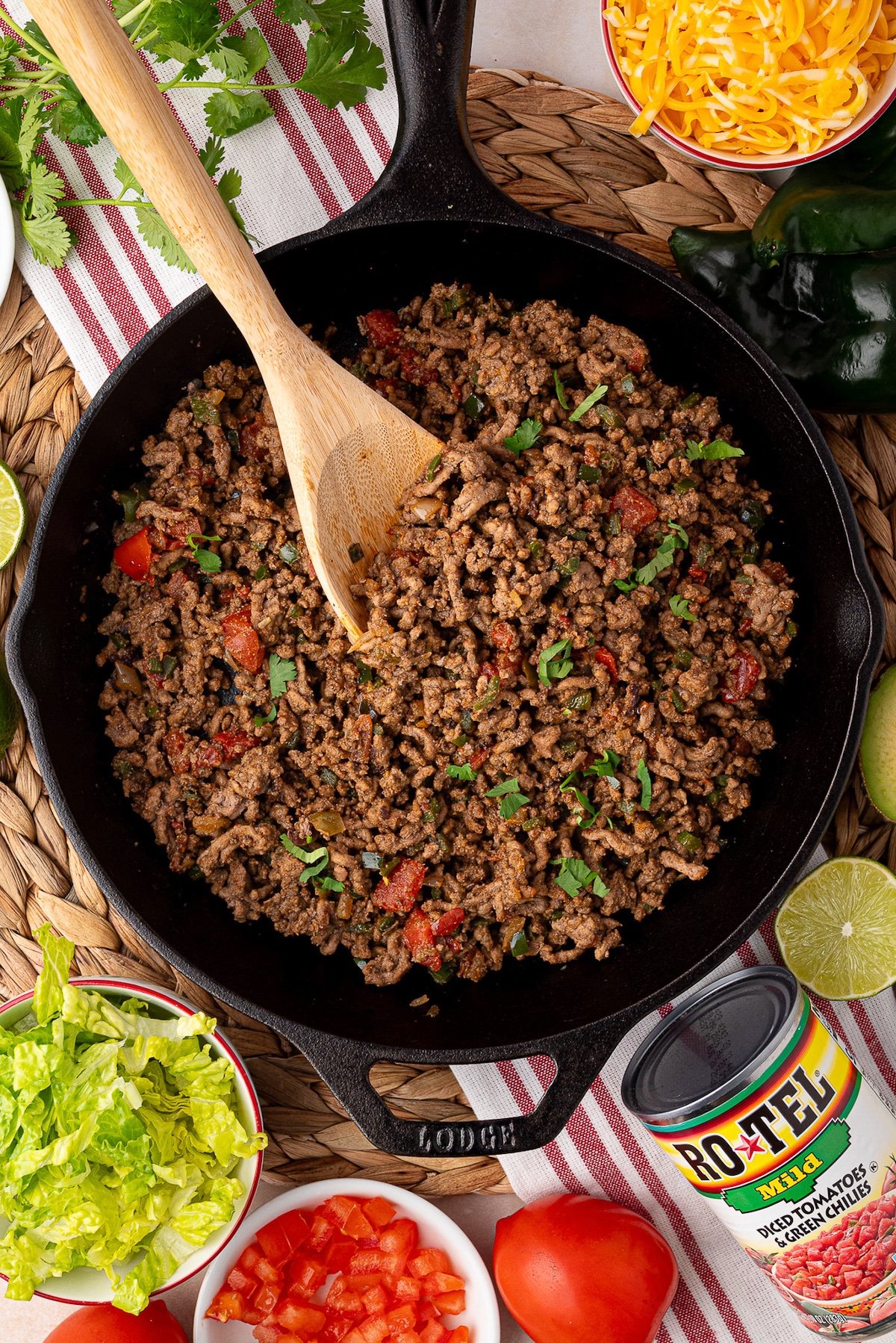 cast iron skillet of ground beef taco meat
