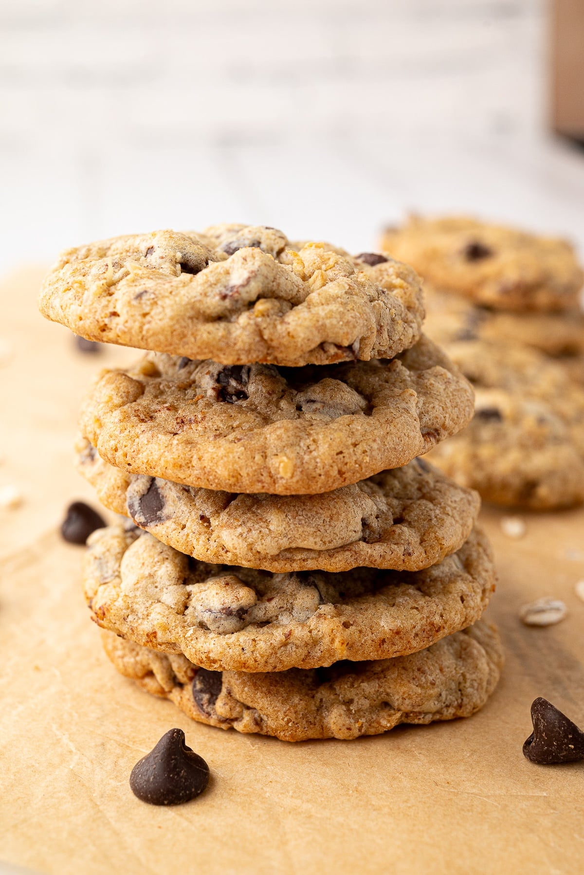 stack of hearty chocolate chip cookies