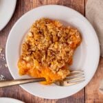 a serving of the best southern sweet potato casserole with crispy oat streusel topping