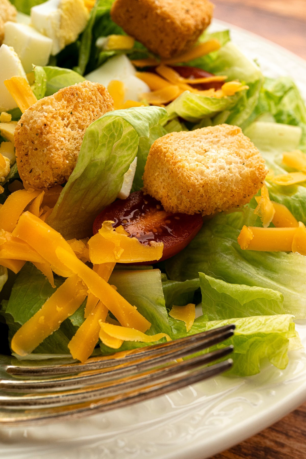 chunky seasoned croutons on salad