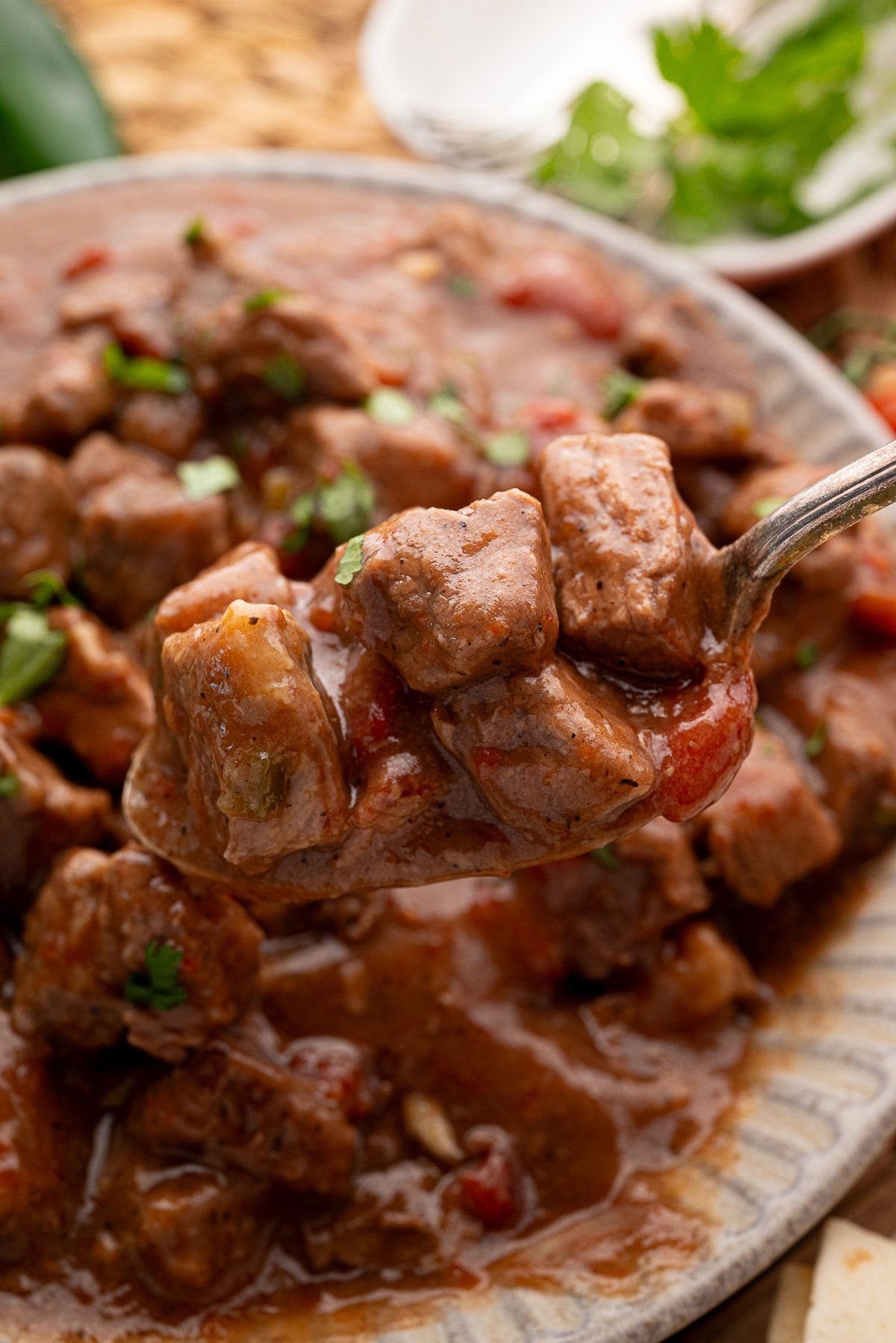 close-up of tender beef chunks in rich Tex-Mex gravy