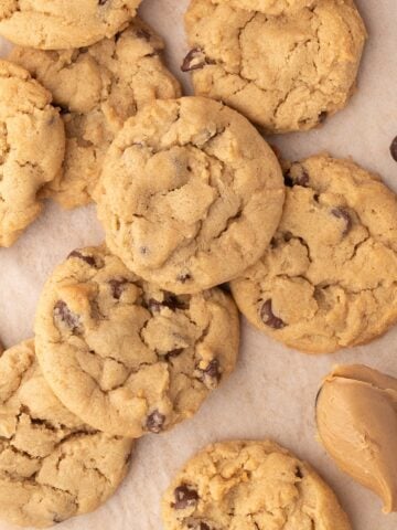 closeup of baked soft and chewy peanut butter chocolate chip cookies