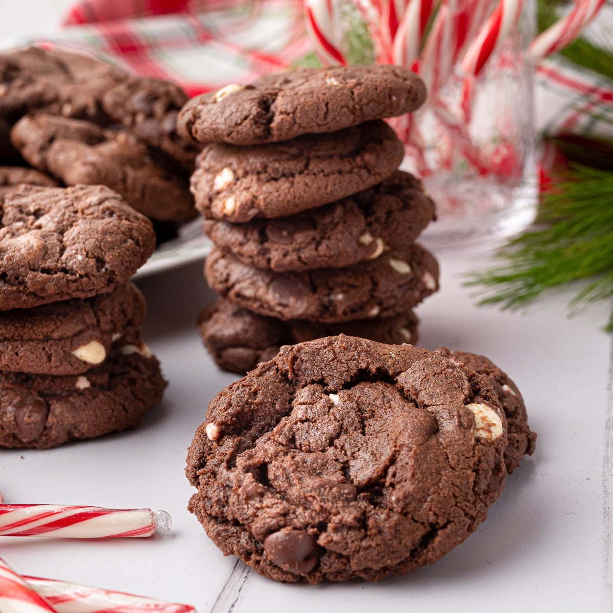 Closeup showing the soft but chewy texture of the chocolate cookies.