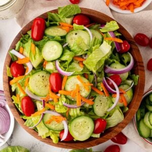 A bowl of the best house salad, with lettuce, tomatoes, carrots, red onion and ranch dressing.