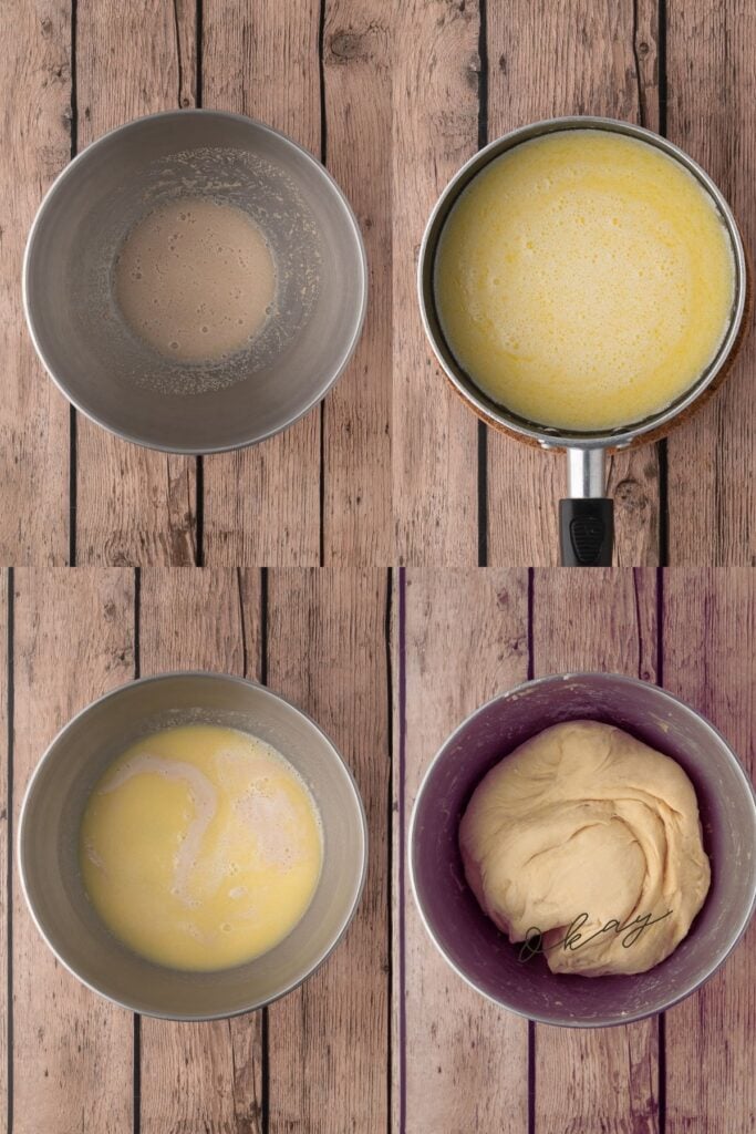 Collage showing four steps: active dry yeast foaming in warm water, scalded milk and butter mixture cooling to lukewarm, butter mixture added to yeast mixture, and kneading the enriched dough in a stand mixer till a soft dough has formed.