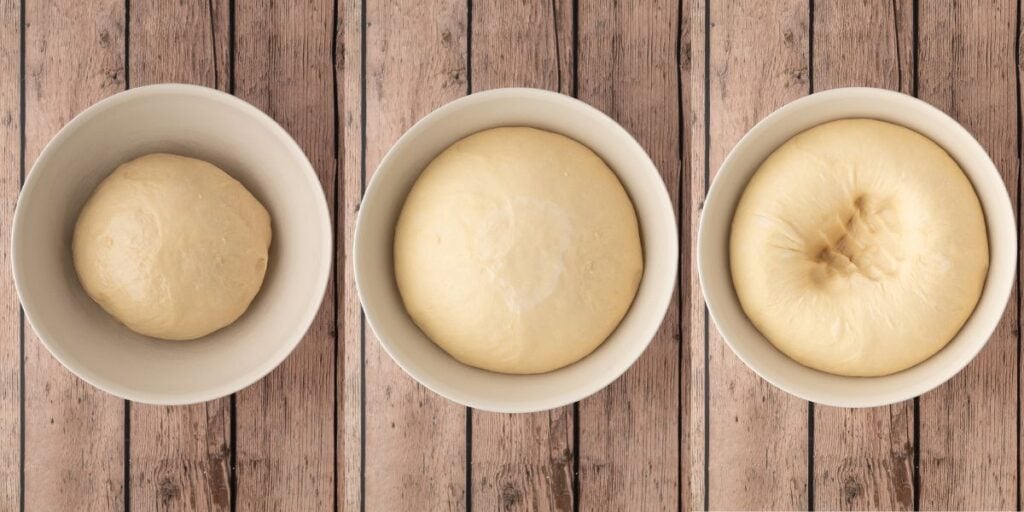 Side-by-side comparison of the raw dough ball in a greased bowl before rising versus the dough doubled in size and puffy after one hour of proofing, and the dough punched down.