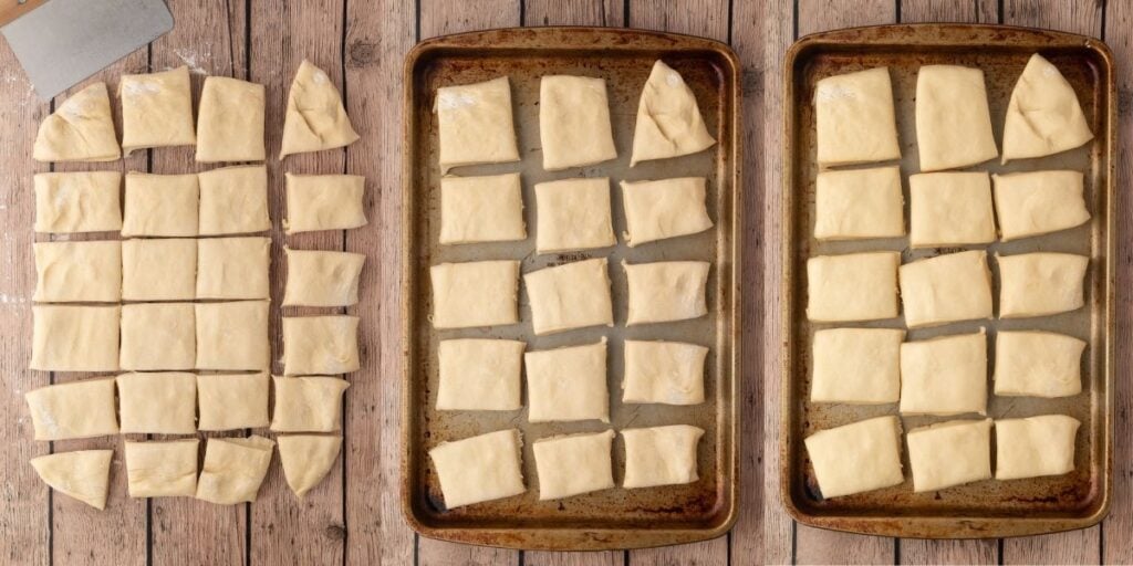 Before and after comparison of shaped square rolls on a baking sheet. Left shows rolls cut out on baking mat, middle shows cut dough spacing; right shows rolls fully proofed, touching, and ready to bake.