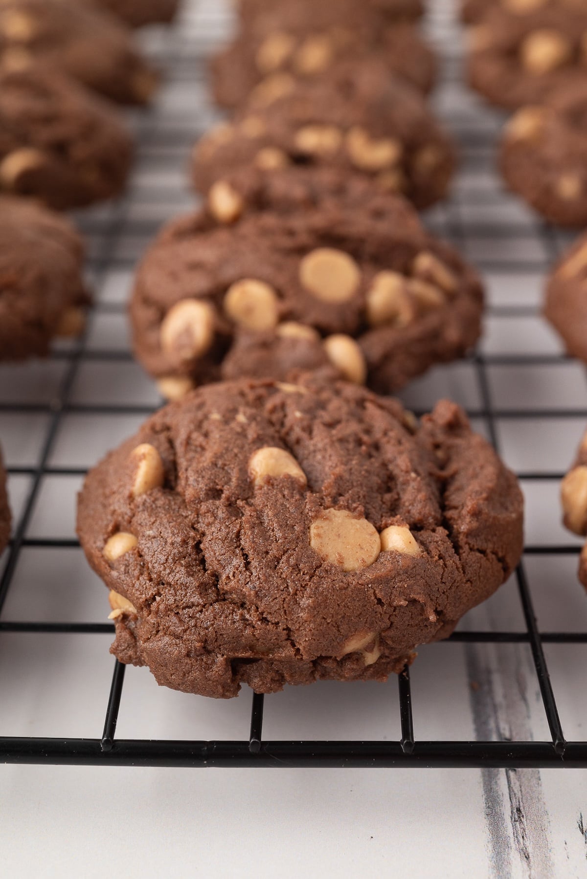 Closeup of a baked cookie showing the contrast of the chocolate and peanut butter chips.