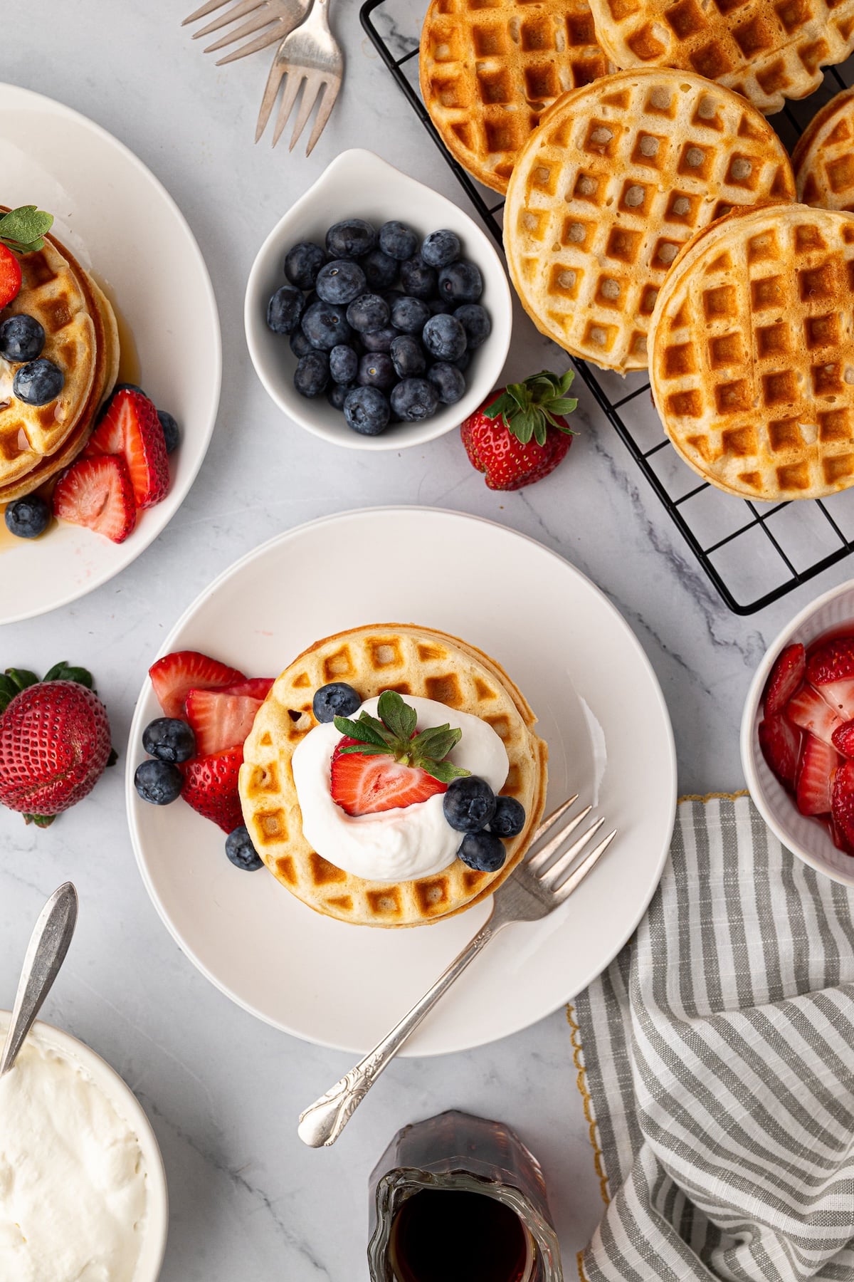 Homemade buttermilk waffles being served at weekend brunch.