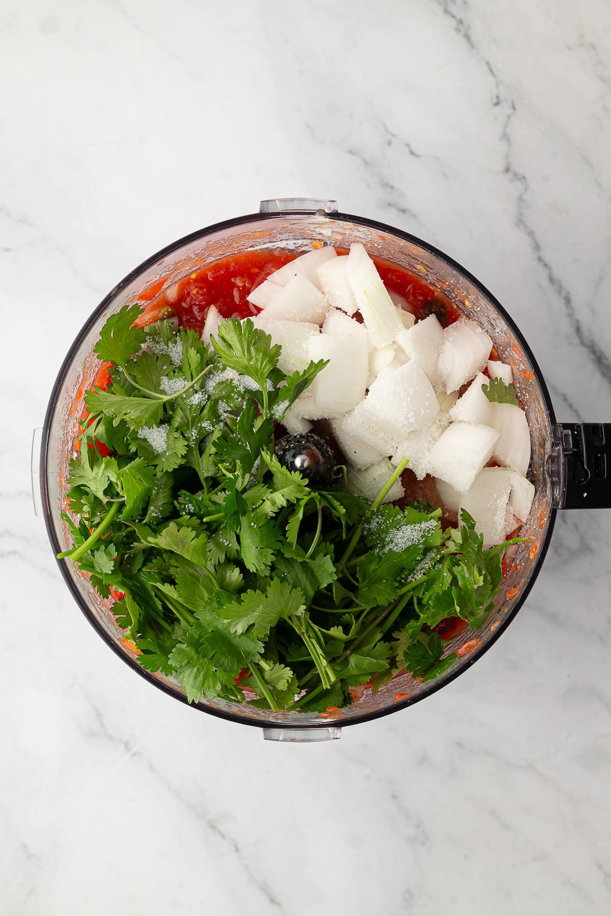 Adding raw white onion and fresh cilantro to the blended salsa base.
