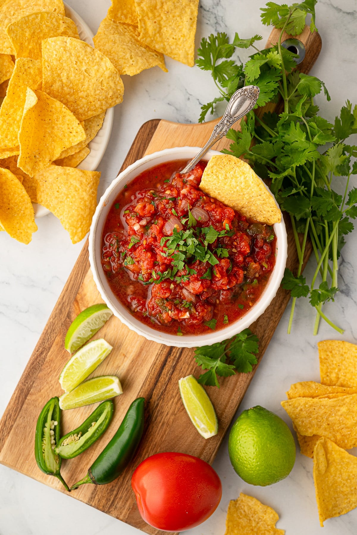 A serving bowl of homemade blender salsa surrounded by yellow corn tortilla chips.
