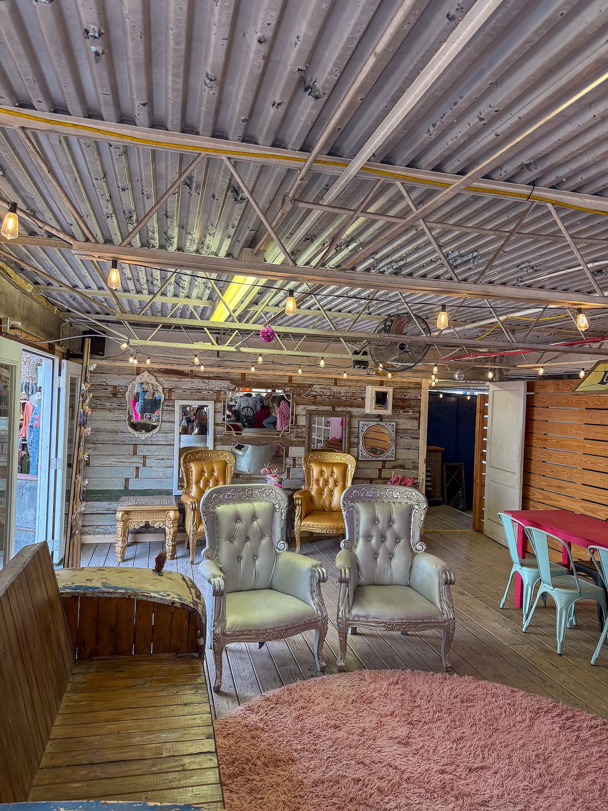 Vintage seating in a bar in Warrenton, Texas during Texas Antiques Week.