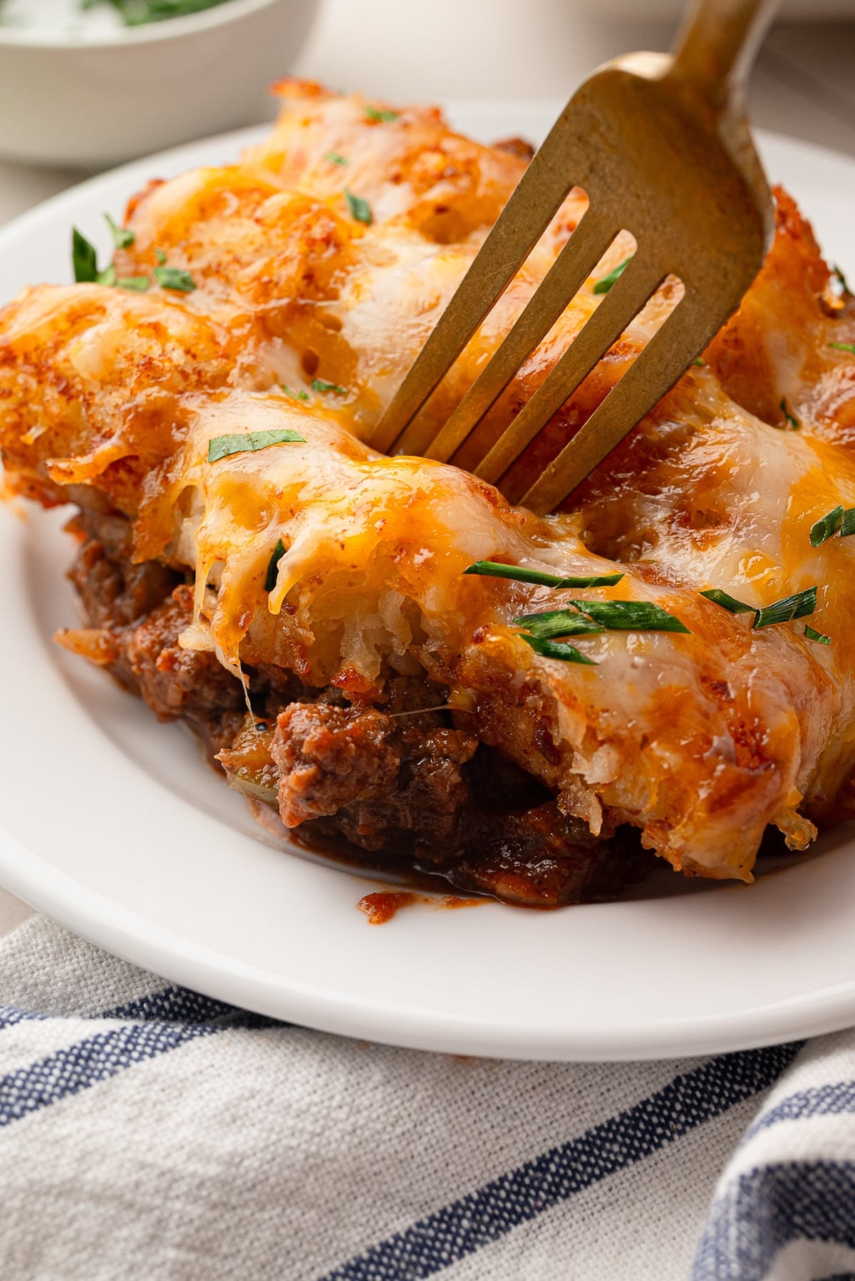 A single serving of cheesy Sloppy Joe Tater Tot Casserole on a white plate for a quick weeknight dinner.