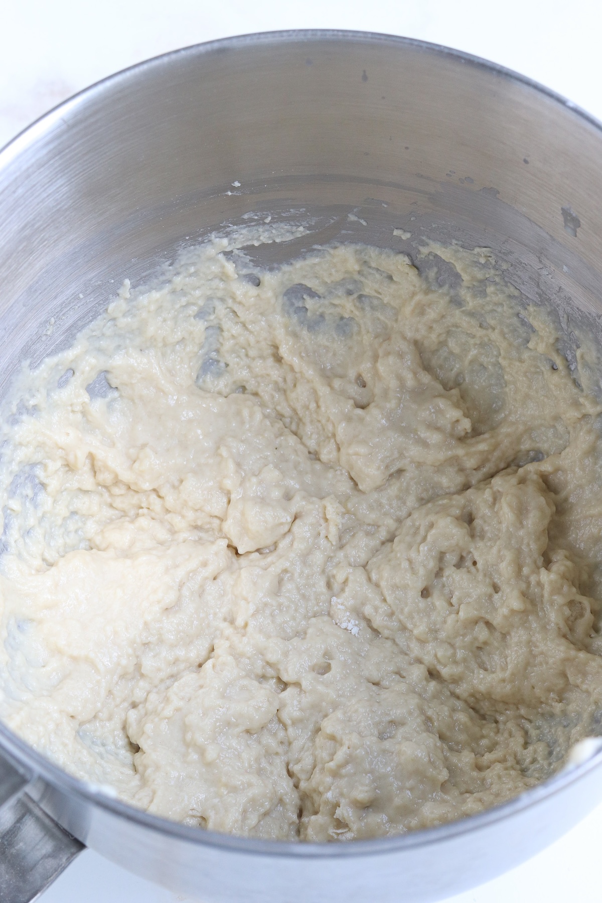 A shaggy batter is formed in stand-mixer with paddle attachment.