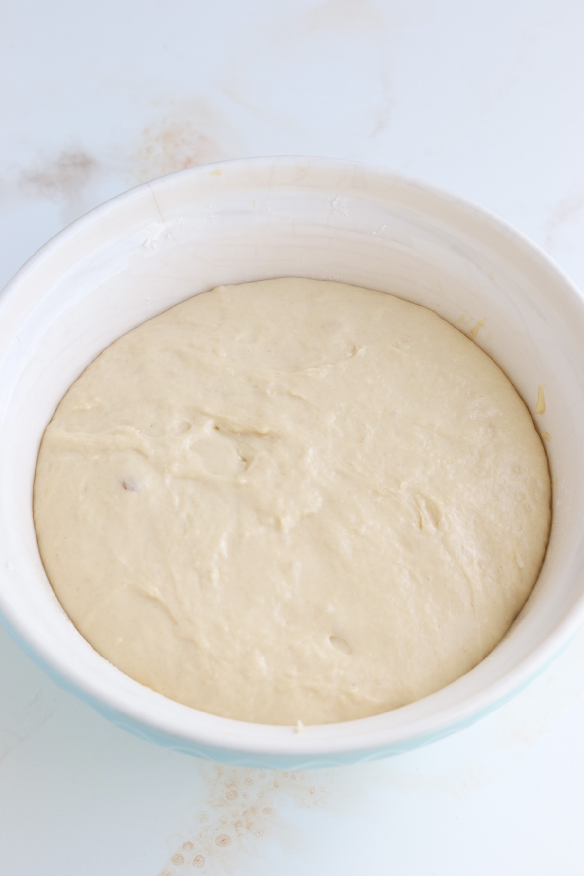 Texas kolache dough in a ceramic bowl after the first rise, it looks puffy and has nearly doubled in size.