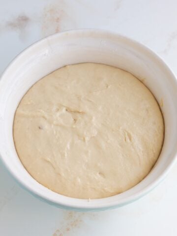Texas kolache dough after the first rise in a ceramic mixing bowl.