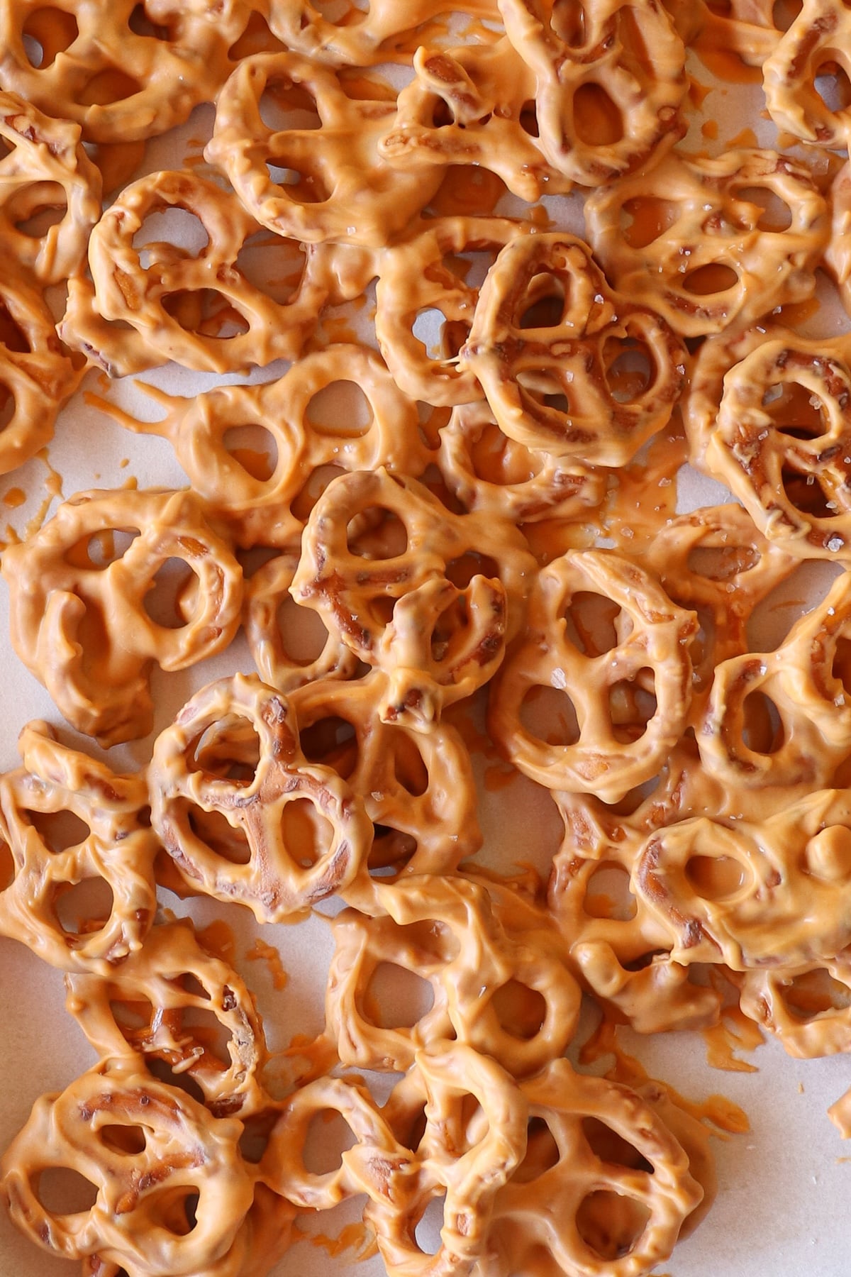 Mini twist pretzels coated in melted butterscotch chips.